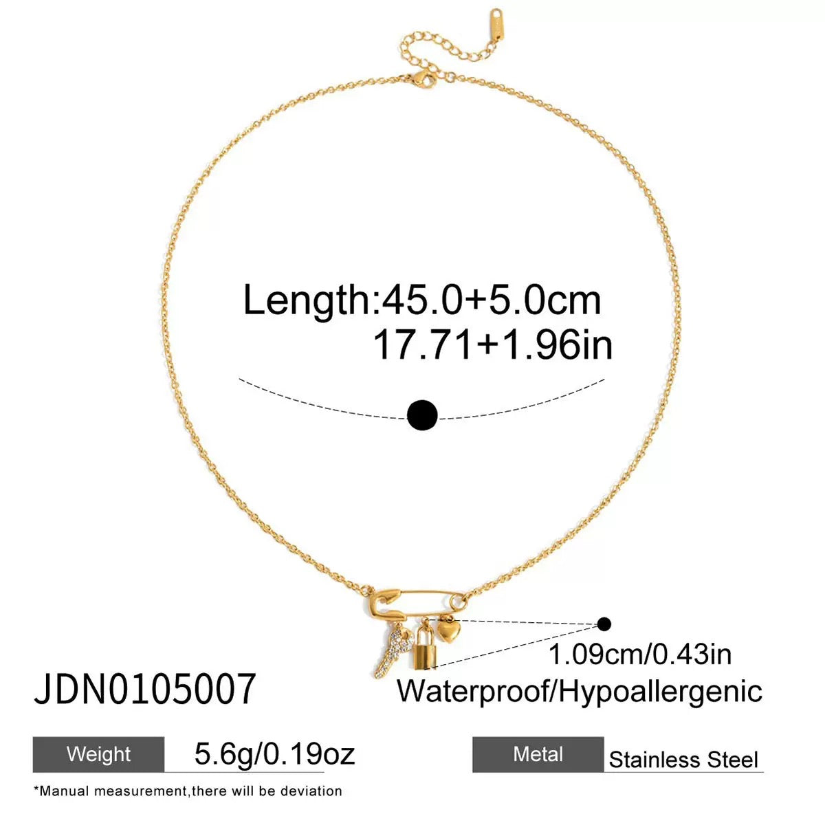 Safety Pin Charm Necklace — Gold