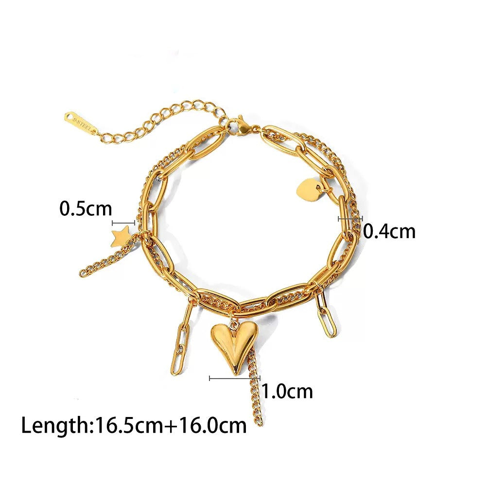 Heart & Crystal Bangle — Gold