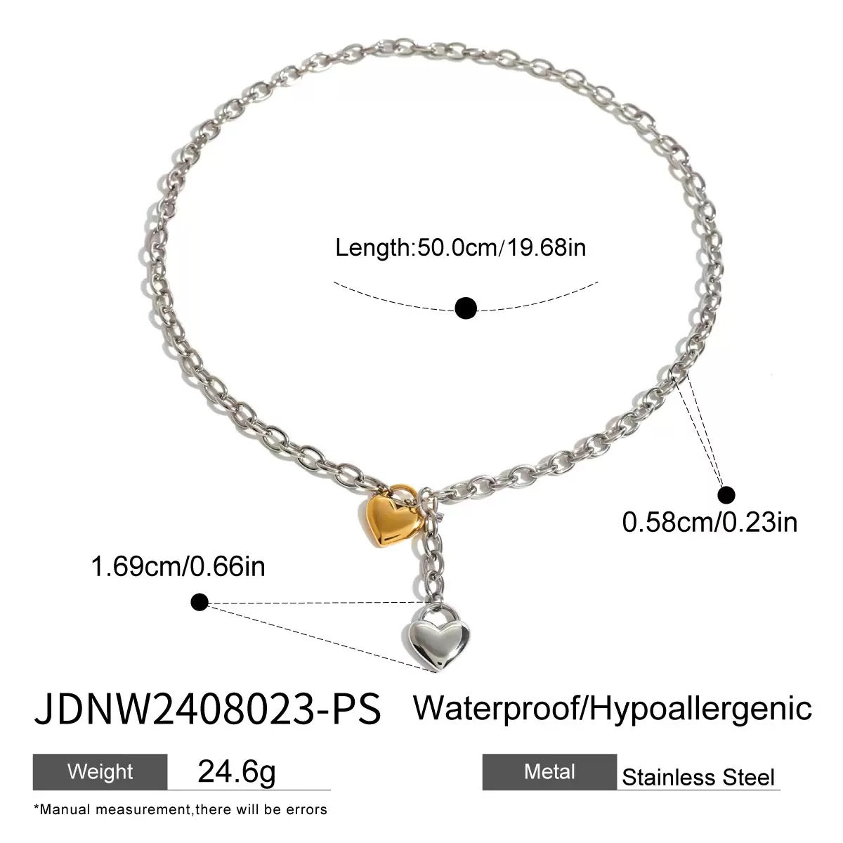 Dual Heart Chain Necklace — Silver + Gold