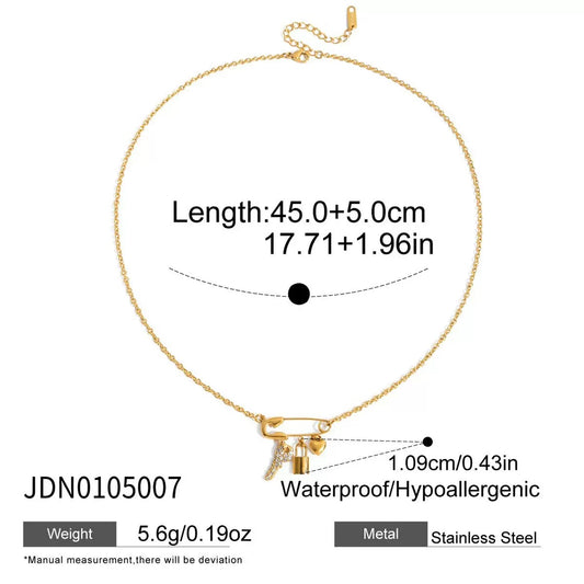 Safety Pin Charm Necklace — Gold