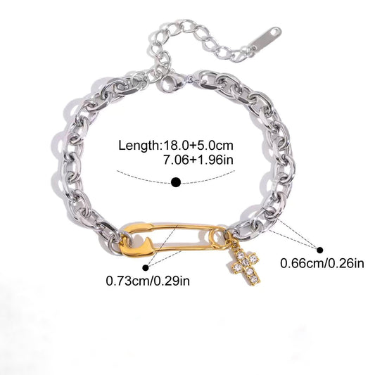Safety Pin Cross Charm Bracelet — Gold + Silver