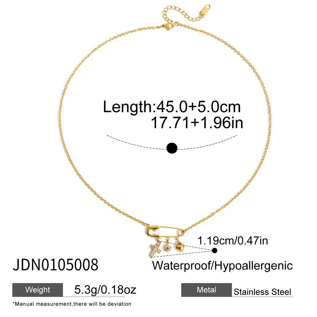 Safety Pin Pearl Charm Necklace — Gold